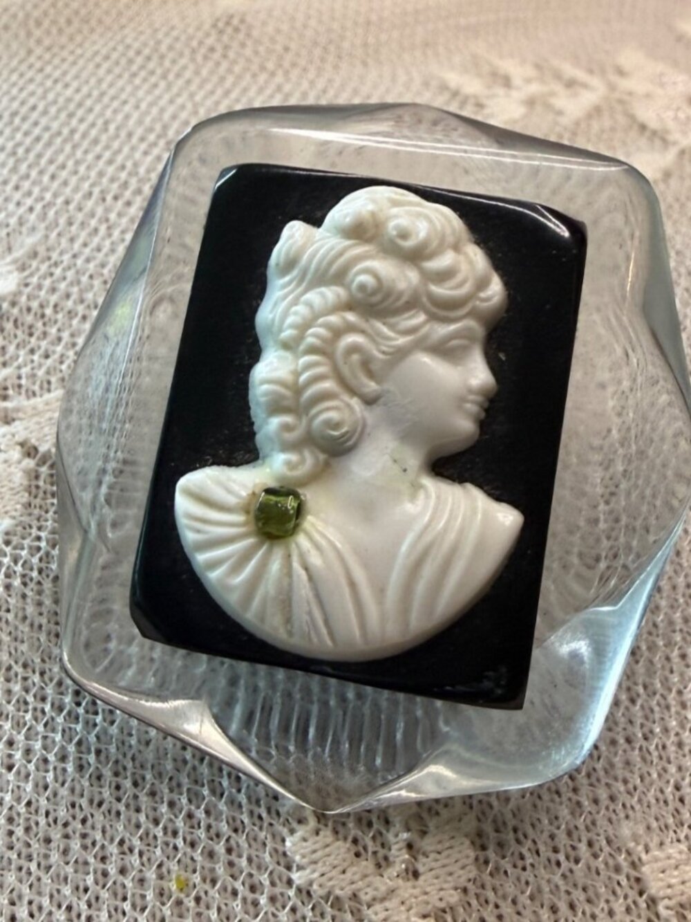 Vintage Lucite Cameo Brooch White Bust On Black Background 1.75 Inches